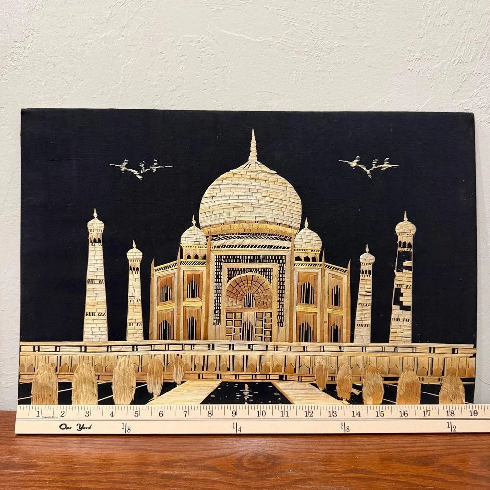 Vintage Straw Art Taj‎ Mahal Wall Hanging India Reed Mosaic Mid Century Handmade